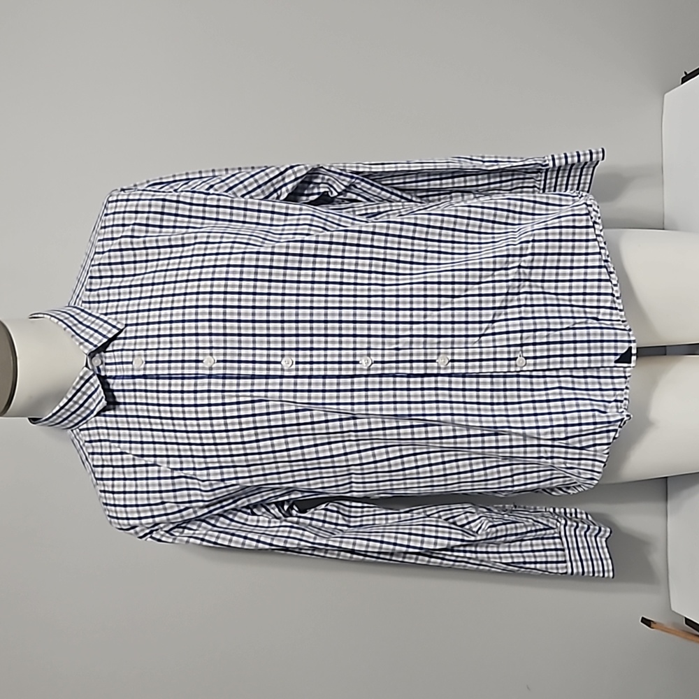 Untuckit XL men's blue white Grey plaid button down shirt